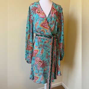 Boston Proper XL Turquoise Paisley Wrap Dress with Sequin Belt